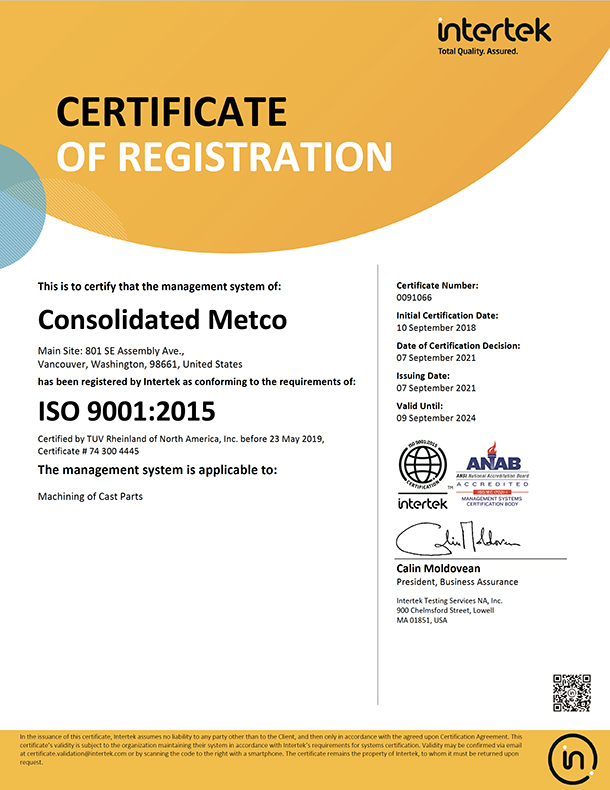 华盛顿州温哥华工厂的ISO 9001:2015认证