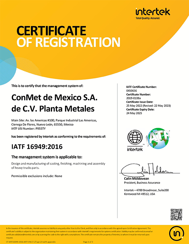 Certification IATF 16949:2016 pour l'usine de métaux de ConMet de Mexico