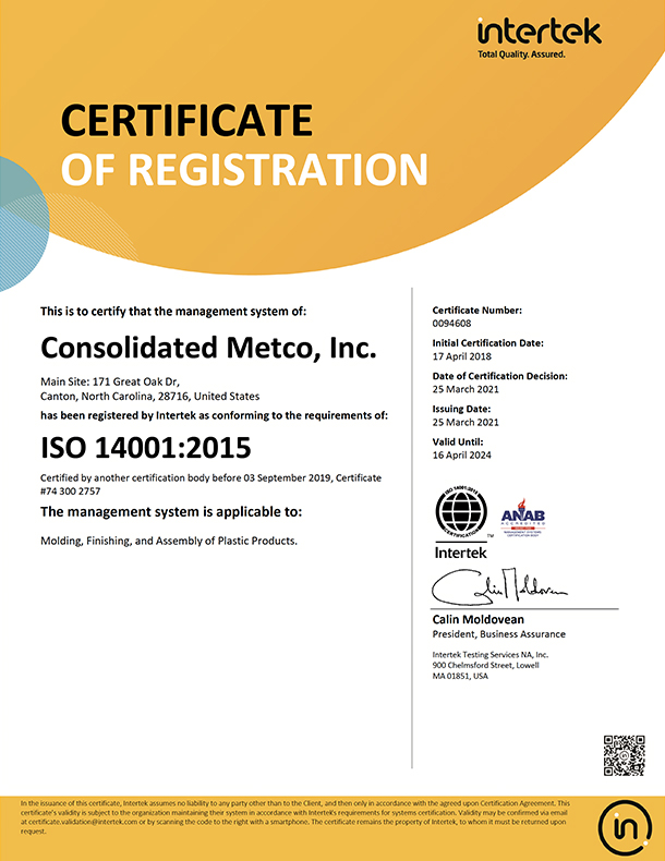 Certification ISO 14001:2015 pour les installations de Canton, Caroline du Nord