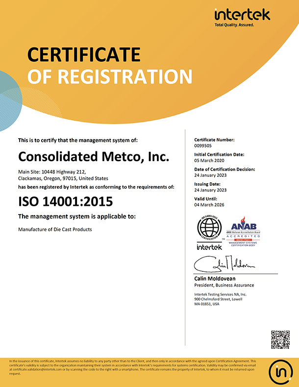俄勒冈州克拉克马斯工厂的ISO 14001:2015认证