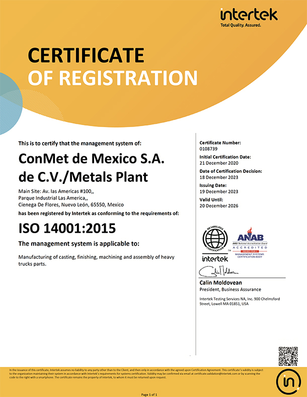 Certification ISO 14001:2015 pour l'usine de métaux de ConMet de Mexico