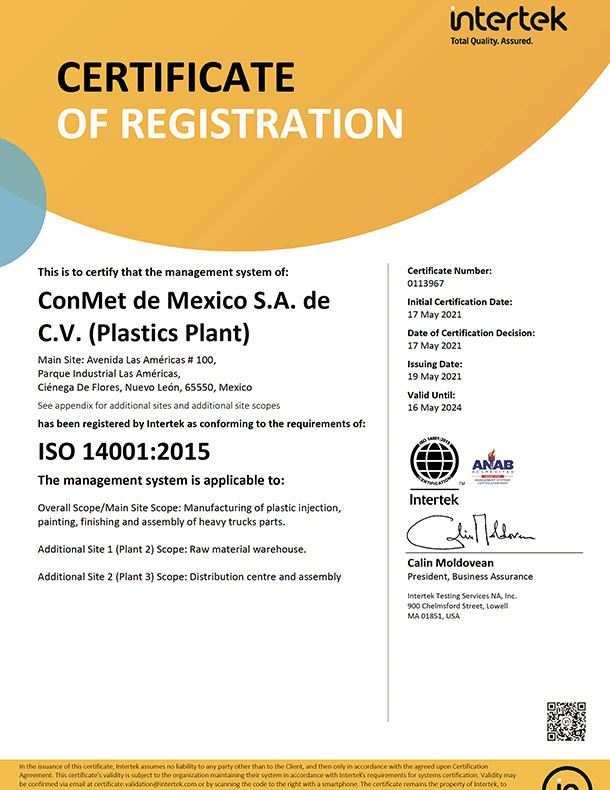 Certification ISO 14001:2015 pour l'usine de plastique de ConMet de Mexico