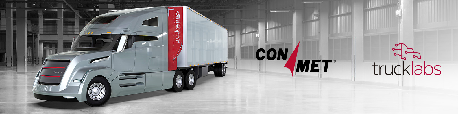 Annonce de l'acquisition de ConMet Trucklabs montrant le camion ConMet avec le logo TruckWings