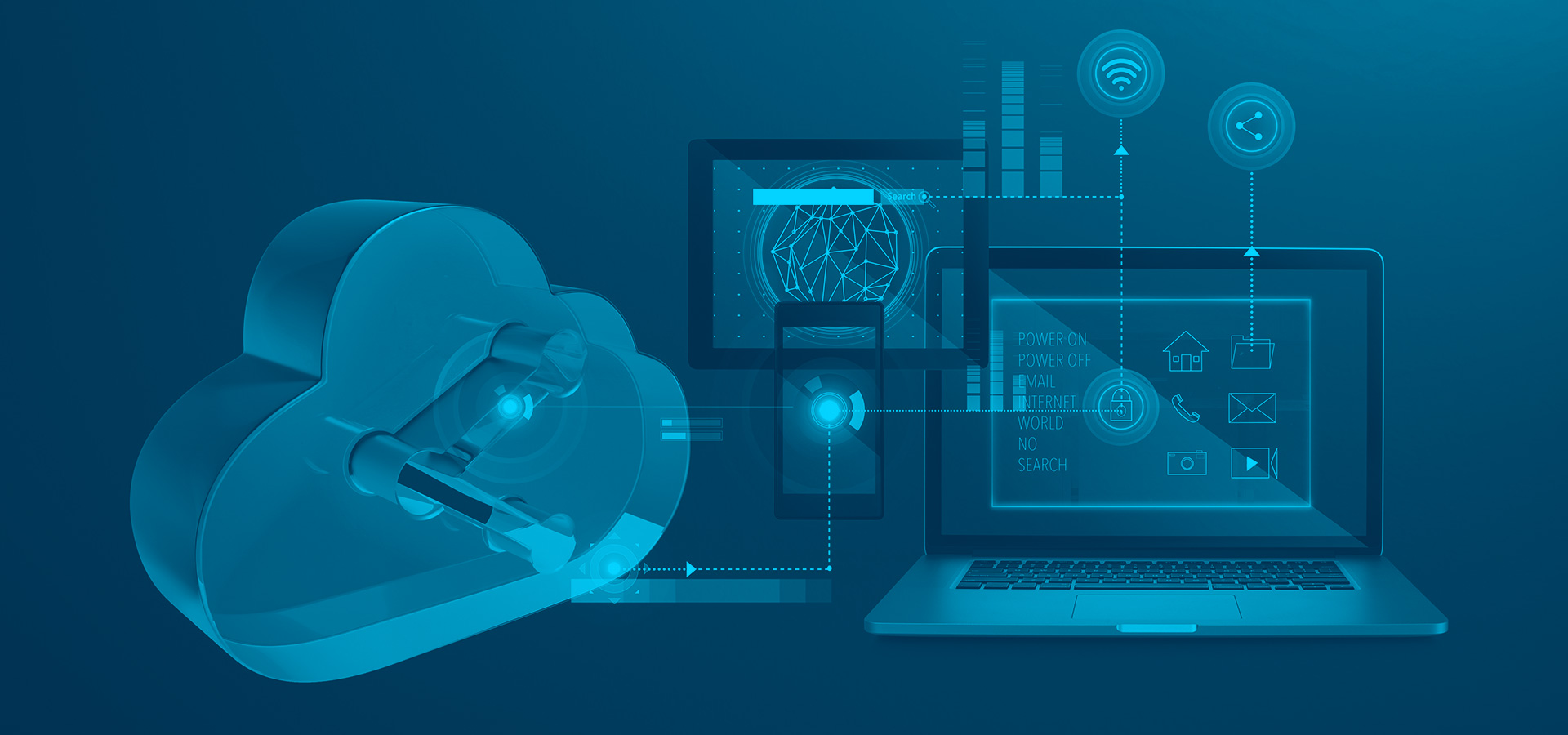 Concept de technologie de stockage en nuage avec ordinateur, tablette numérique, smartphone et conception d'informations de données de téléchargement.